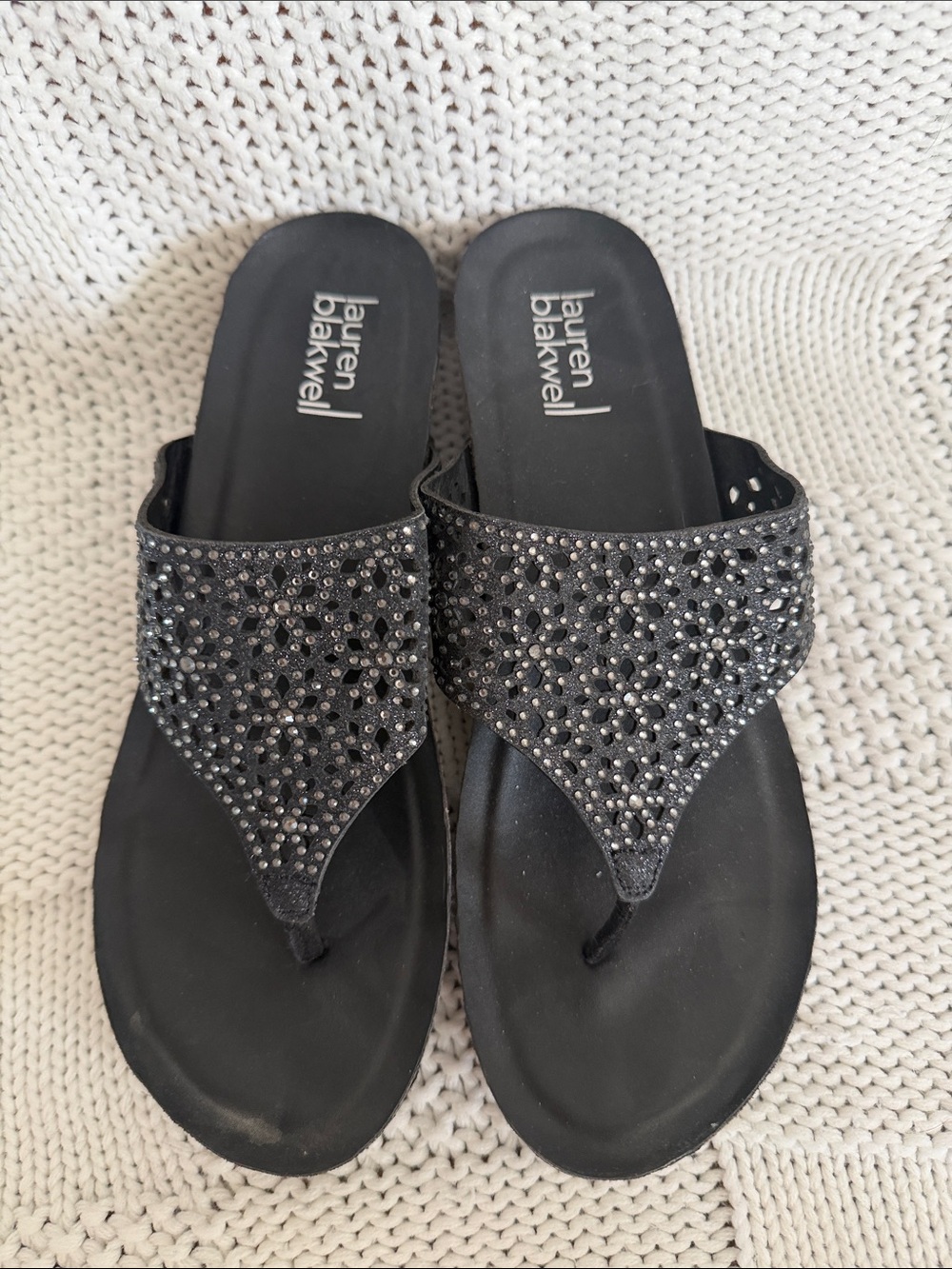 Lauren Blackwell Black Glitter Wedge Sandals Size 8